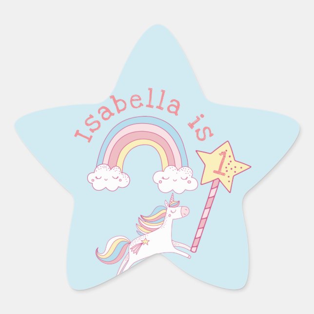 Customizable Colourful Unicorn Magic Wand Birthday Star Sticker (Front)