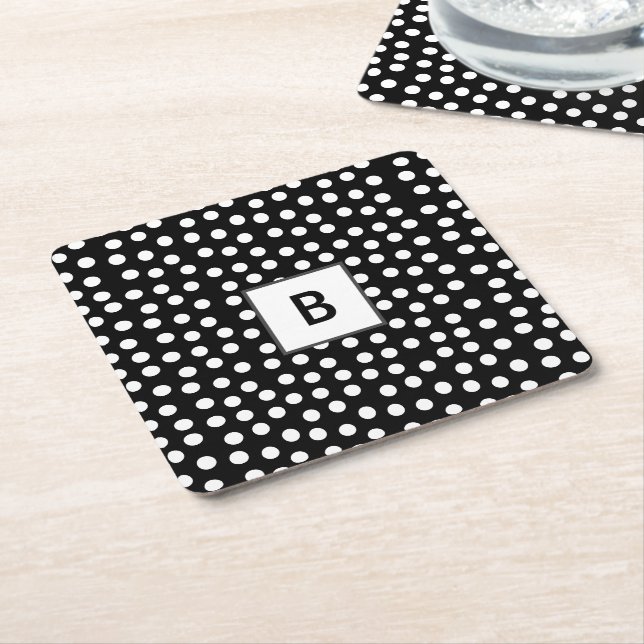 Customizable colours Polka dots monogram Square Paper Coaster (Angled)