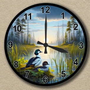 Customizable Common Goldeneye Ducks at Sunset Roun Round Clock