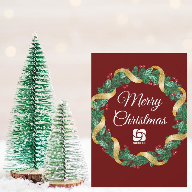 Customizable Company Logo Christmas Wreath Red Holiday Card (Creator Uploaded)