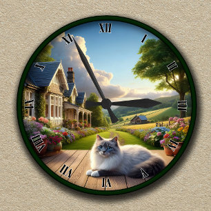 Customizable Countryside Clock With Fluffy Ragdoll