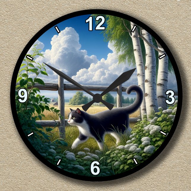 Customizable Countryside Tuxedo Cat Exploring Round Clock (Creator Uploaded)