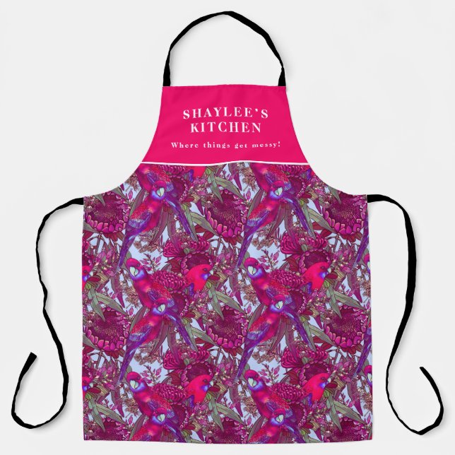 Customizable Crimson Rosella and Wildflowers Apron (Front)