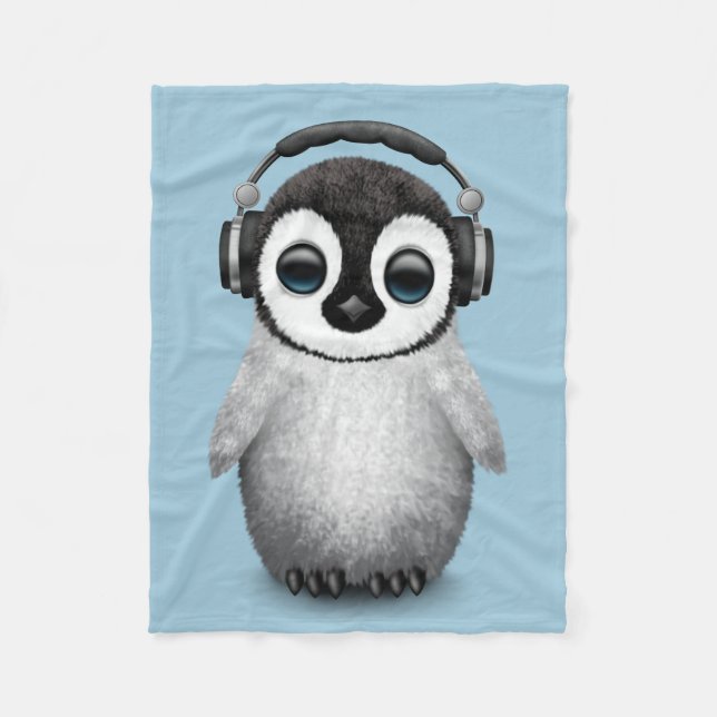 Customizable Cute Baby Penguin Dj with Headphones Fleece Blanket (Front)