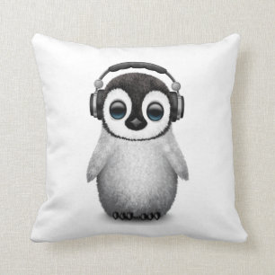 Customizable Cute Baby Penguin Dj with Headphones Throw Pillow