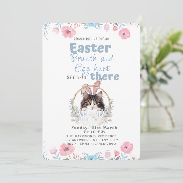 Customizable Cute Black And White Cat Bunny Easter Invitation (Standing Front)