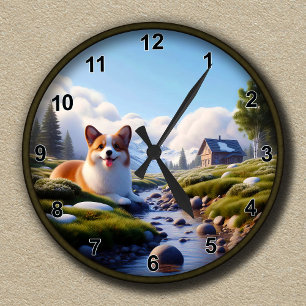 Customizable Cute Corgi Scenic Background Round Clock