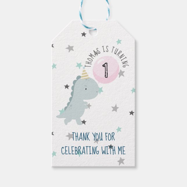 Customizable Cute Dinosaur Birthday Gift Tags (Front)