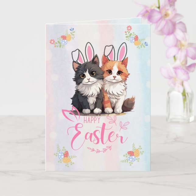 Customizable Cute Duo Kitten Bunny Easter Card (Orchid)