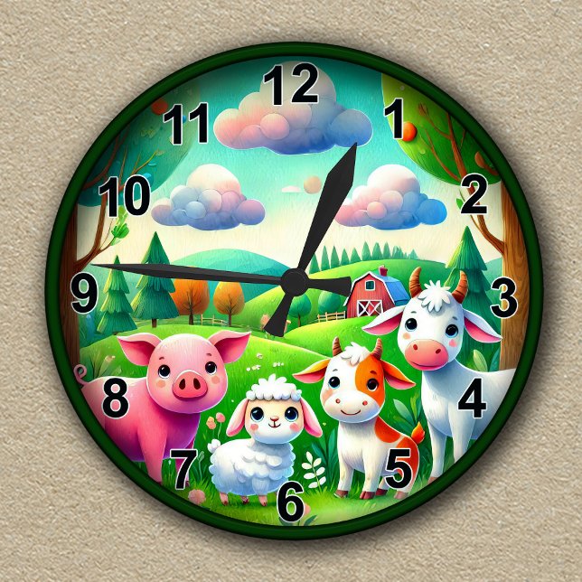 Customizable Cute Farmyard Animals  Round Clock (Creator Uploaded)