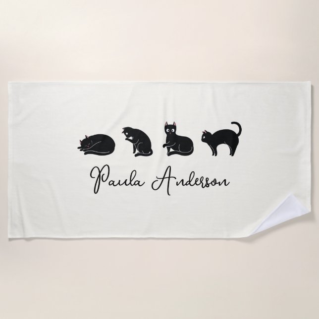 Customizable Cute Funny Black Cat Beach Towel (Front)