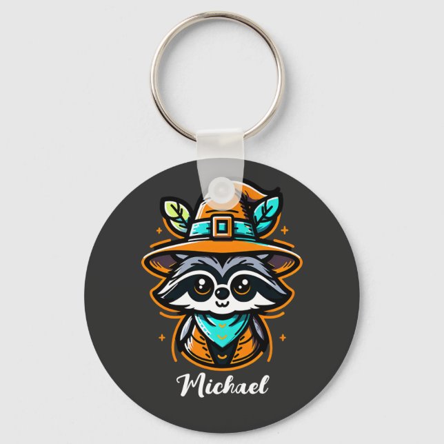 Customizable Cute Halloween Raccoon  Keychain (Front)
