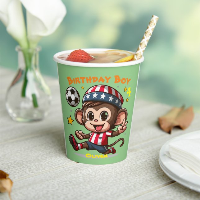 Customizable Cute Happy Monkey Soccer Player Paper Cups (Insitu)