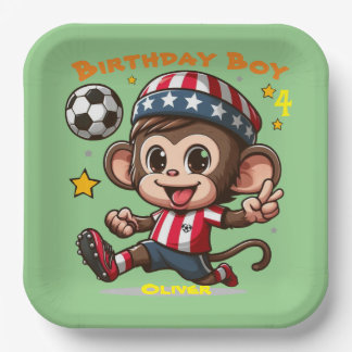 Customizable Cute Happy Monkey Soccer Player Paper Plate