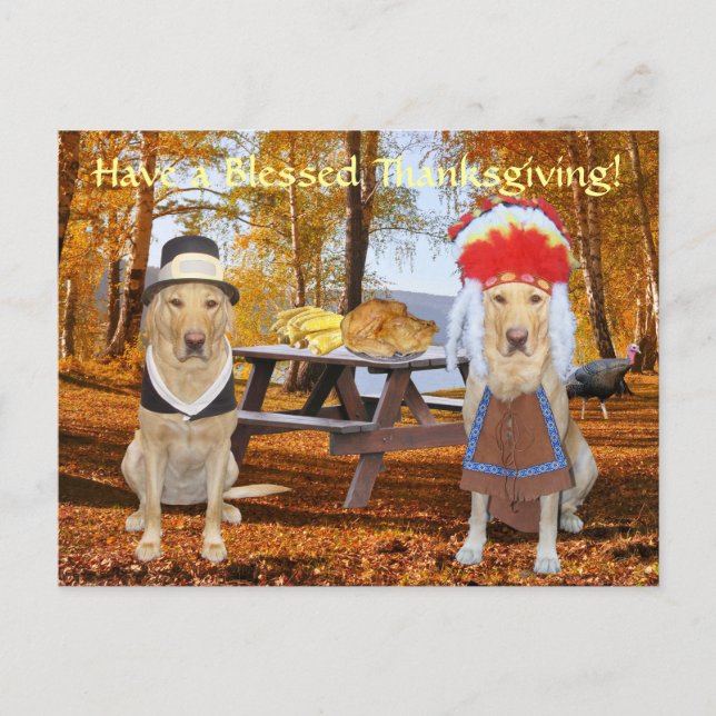 Customizable Cute Lab Pilgrim & Chief Holiday Postcard (Front)