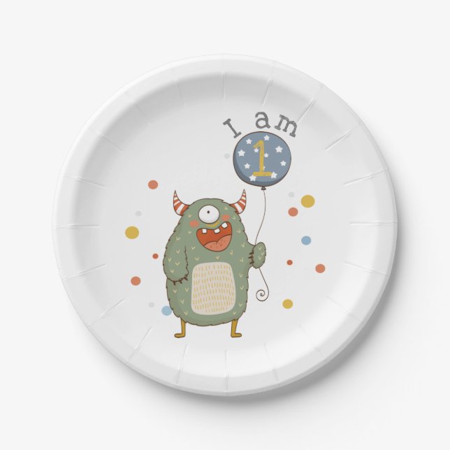 Customizable Cute Monster with Balloon Birthday Paper Plate (Front)