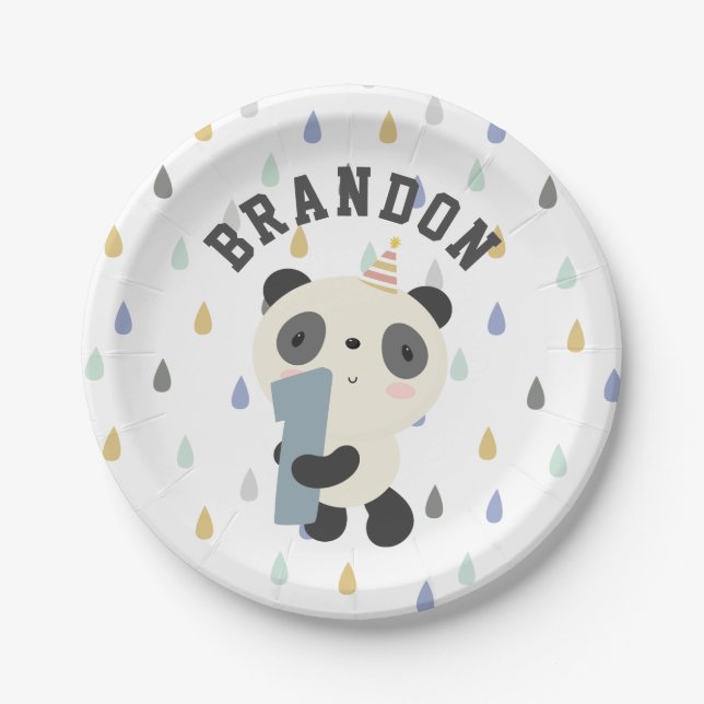 Customizable Cute Panda First Birthday Balloon Paper Plate (Front)