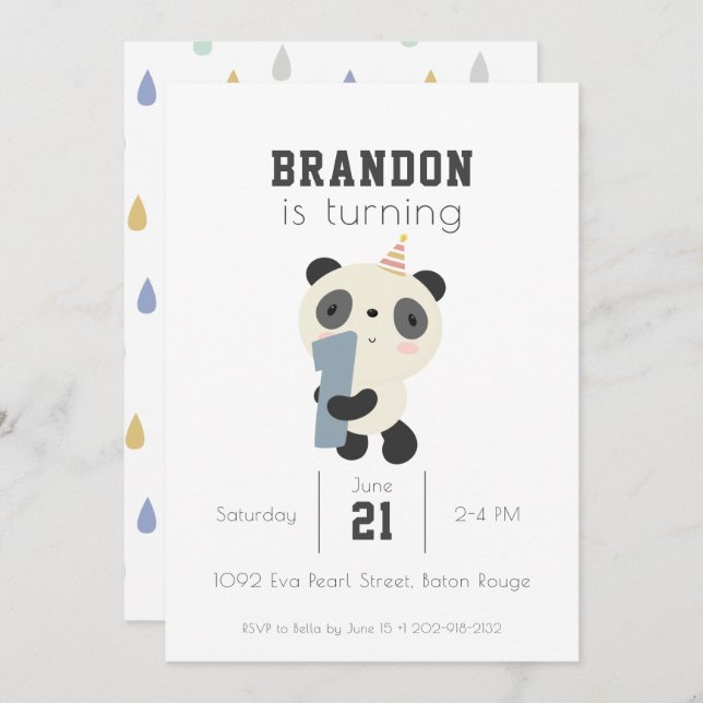 Customizable Cute Panda First Birthday Invitation (Front/Back)