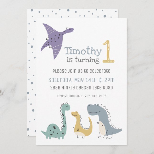 Customizable Cute Pastel Dinosaurs Birthday Invitation (Front/Back)