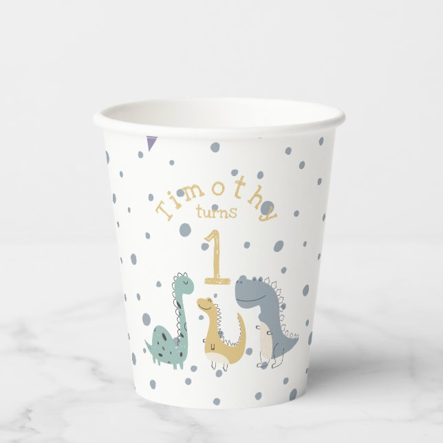 Customizable Cute Pastel Dinosaurs Birthday Paper Cups (Front)