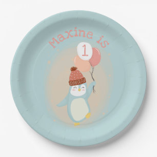 Customizable Cute Pastel Penguin with Balloons Paper Plate