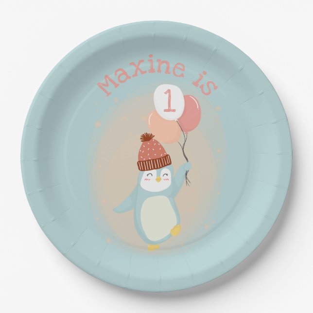 Customizable Cute Pastel Penguin with Balloons Paper Plate (Front)