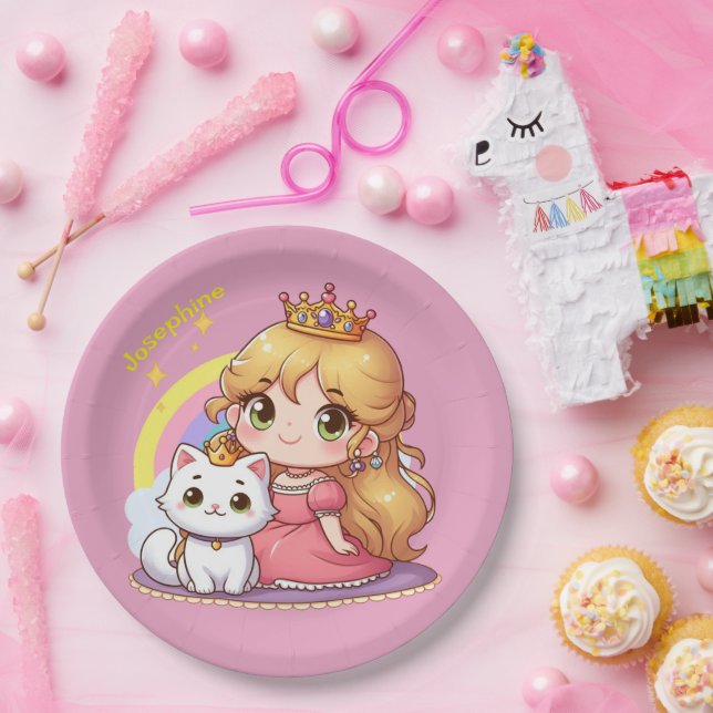 Customizable Cute princess with White Cat Paper Plate (Party)