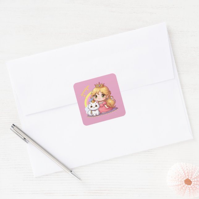 Customizable Cute princess with White Cat Square Sticker (Envelope)