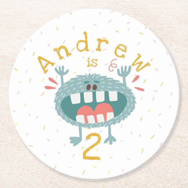 Customizable Cute Teal Monster Round Paper Coaster (Front)