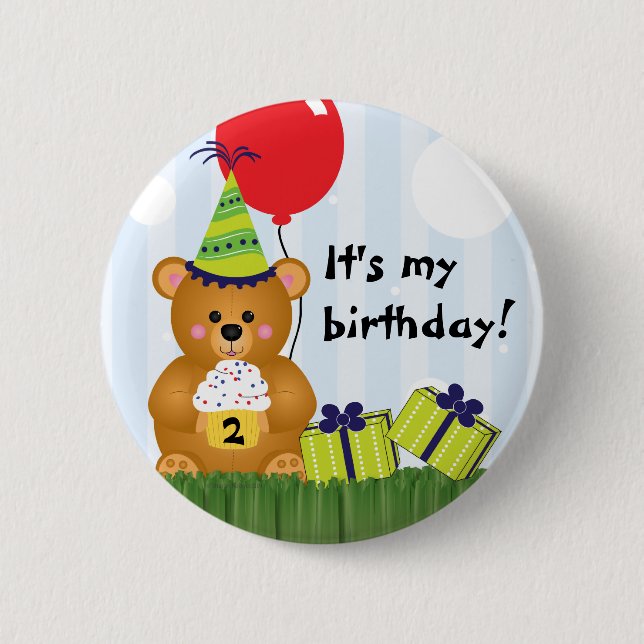 Customizable Cute Teddy Bear Birthday Pin (Front)