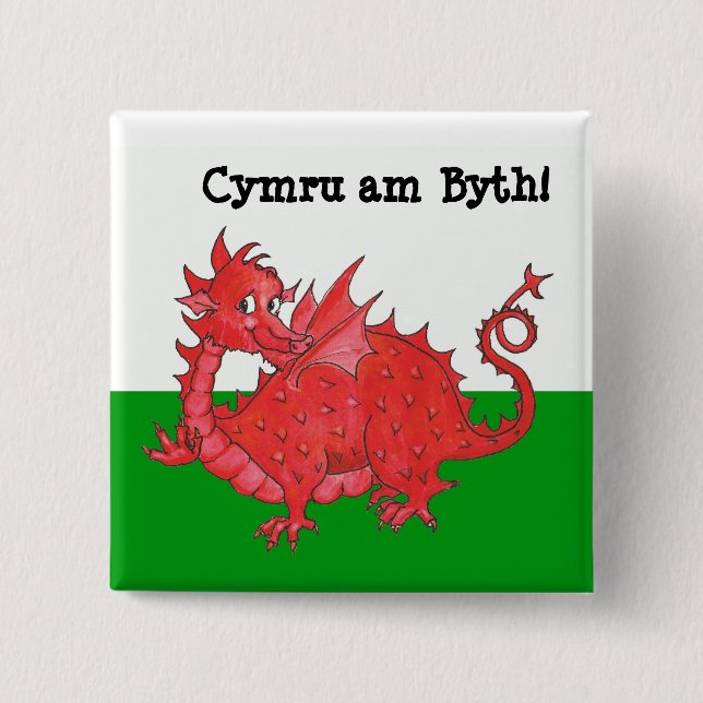 Customizable Cute Welsh Dragon Square Button (Front)