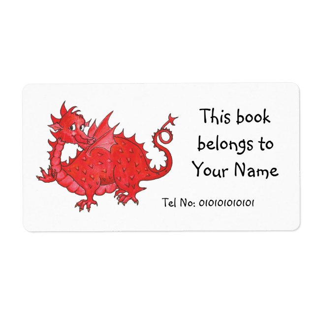 Customizable Cute Welsh Red Dragon Bookplate (Front)