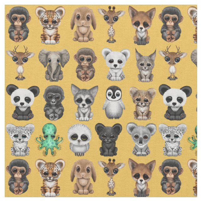 Customizable Cute Wild Baby Animals Pattern Fabric (Close Up)