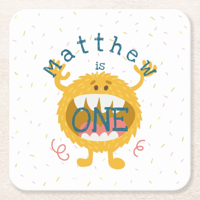 Customizable Cute Yellow Monster Square Paper Coaster (Front)