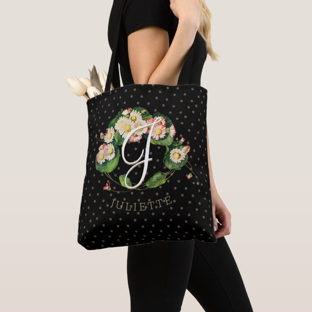 Customizable Daisies Wreath Monogram Elegant Black Tote Bag (Close Up)