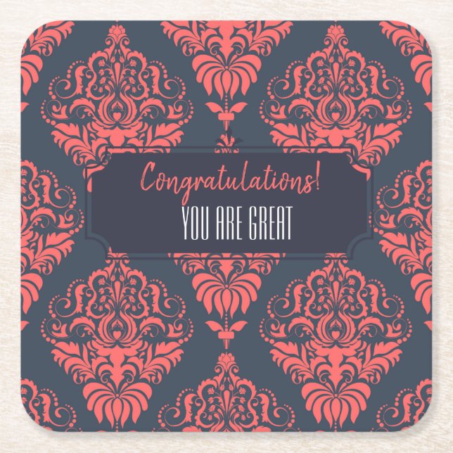 Customizable Damask Event Square Paper Coaster (Front)
