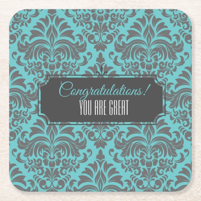 Customizable Damask Event Square Paper Coaster (Front)