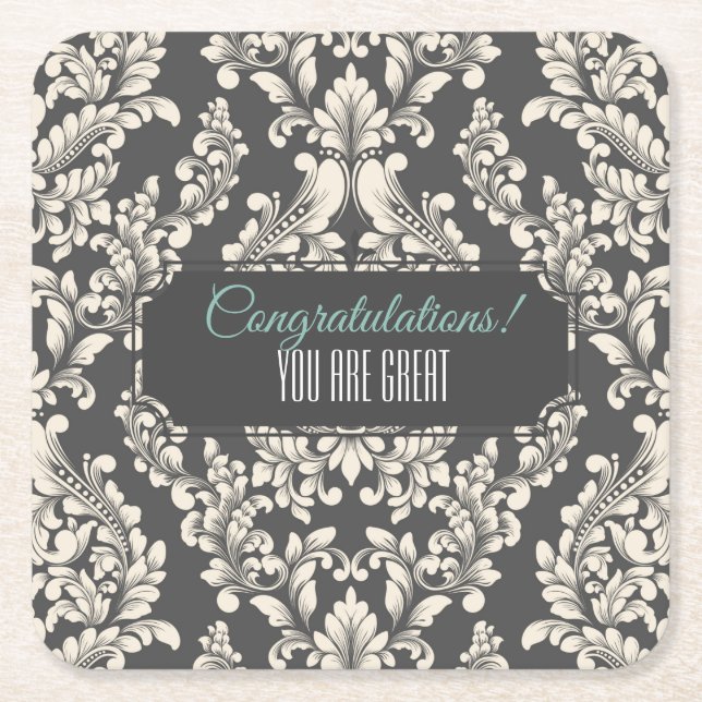 Customizable Damask Event Square Paper Coaster (Front)