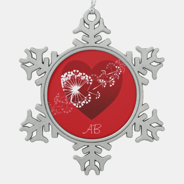 Customizable: Dandelion love heart Snowflake Pewter Christmas Ornament (Front)