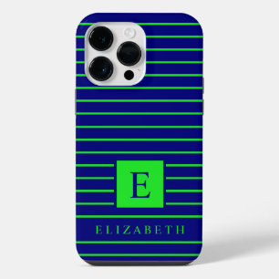 Customizable Dark Blue Neon Lime Green Stripes iPhone 14 Pro Max Case