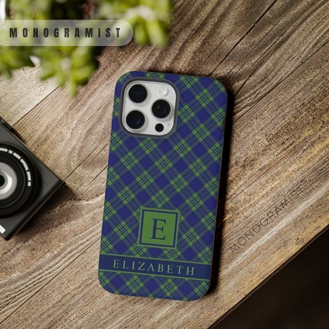 Customizable Dark Navy Blue Green Chequered  iPhone Case (Customizable Dark Navy Blue Green Checkered iPhone Case)