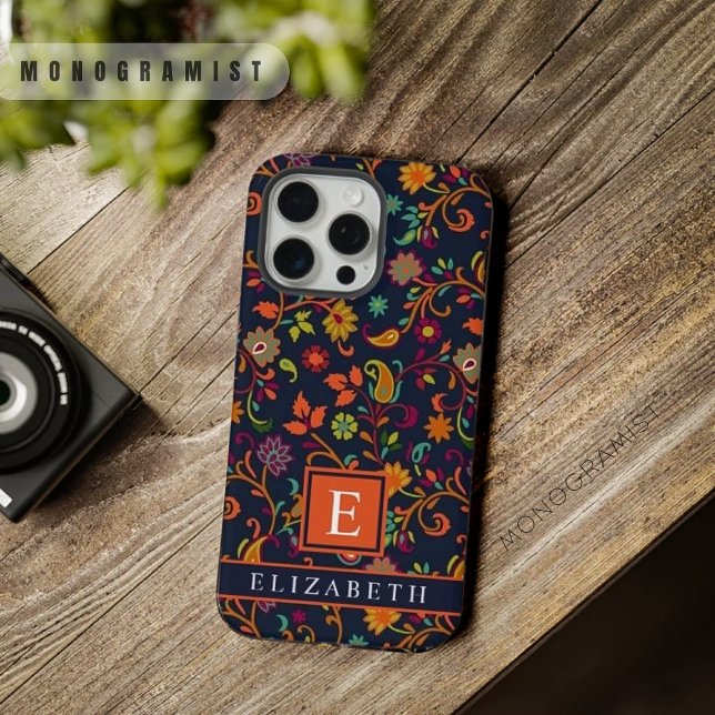 Customizable Dark Navy Blue Orange Paisley Pattern iPhone Case (Customizable Dark Navy Blue Orange Paisley Pattern iPhone Case)