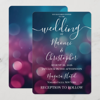 Customizable Dark Pink Blue Bokeh Wedding Invitation