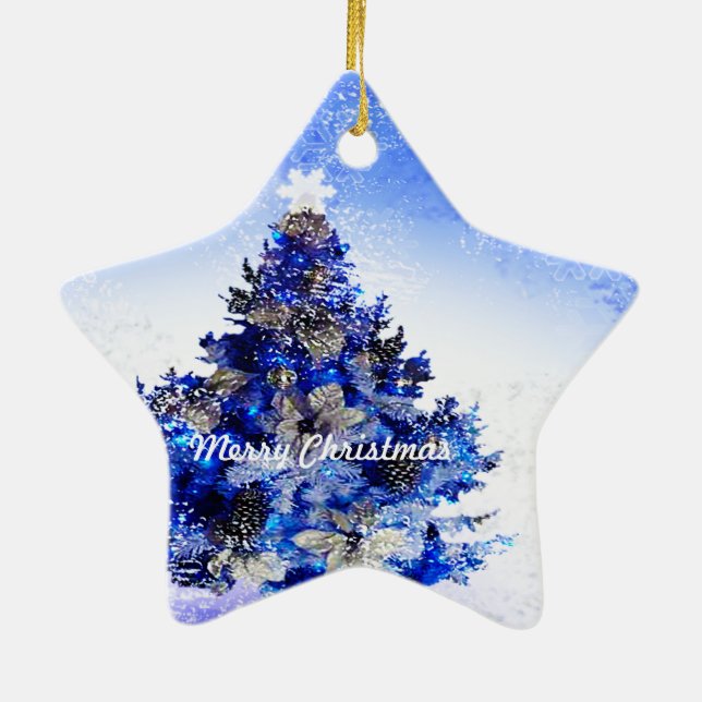 Customizable decorated blue christmas tree ceramic ornament (Back)