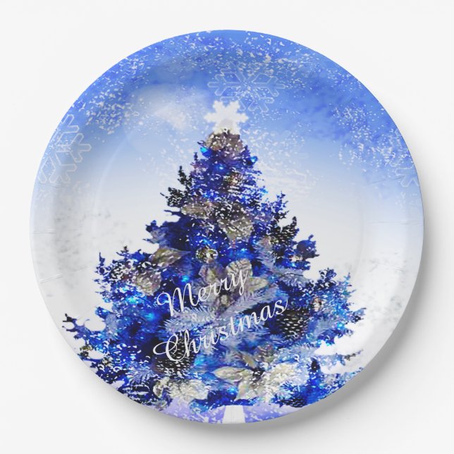 Customizable decorated blue christmas tree paper plate (Front)