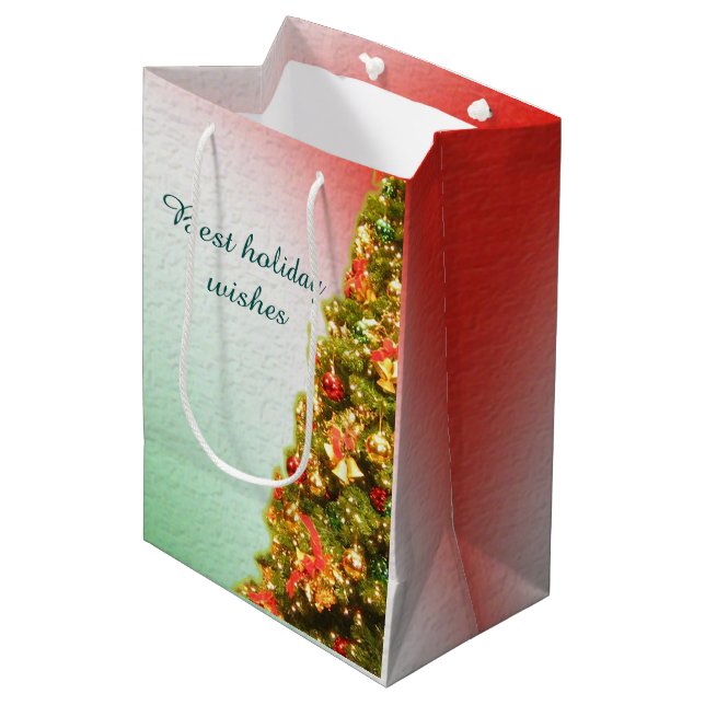 Customizable decorated christmas tree medium gift bag (Front Angled)