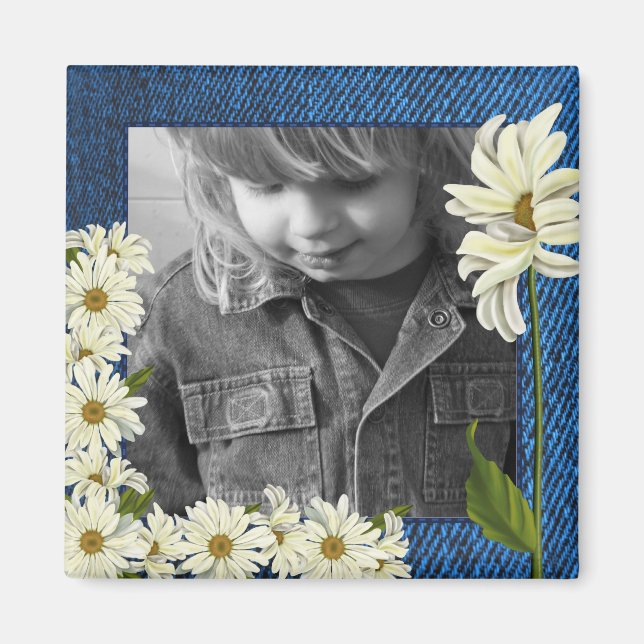 Customizable Denim and Daisies Photo Magnet (Front)