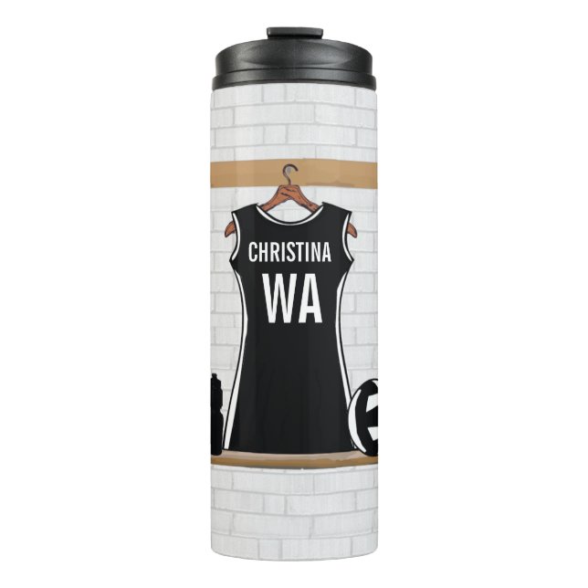 Customizable design netball black and white thermal tumbler (Front)