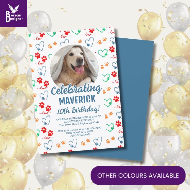 Customizable Dog Birthday Party Invitation (Cute dog birthday invitation with customizable photo and text and colorful paw print pattern.)