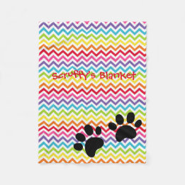 Customizable Dog Name Rainbow Chevron Paw Print Fleece Blanket